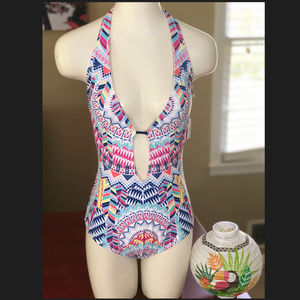 Bar III One Piece Lace Up Swimsuit Multi SZ M SW6